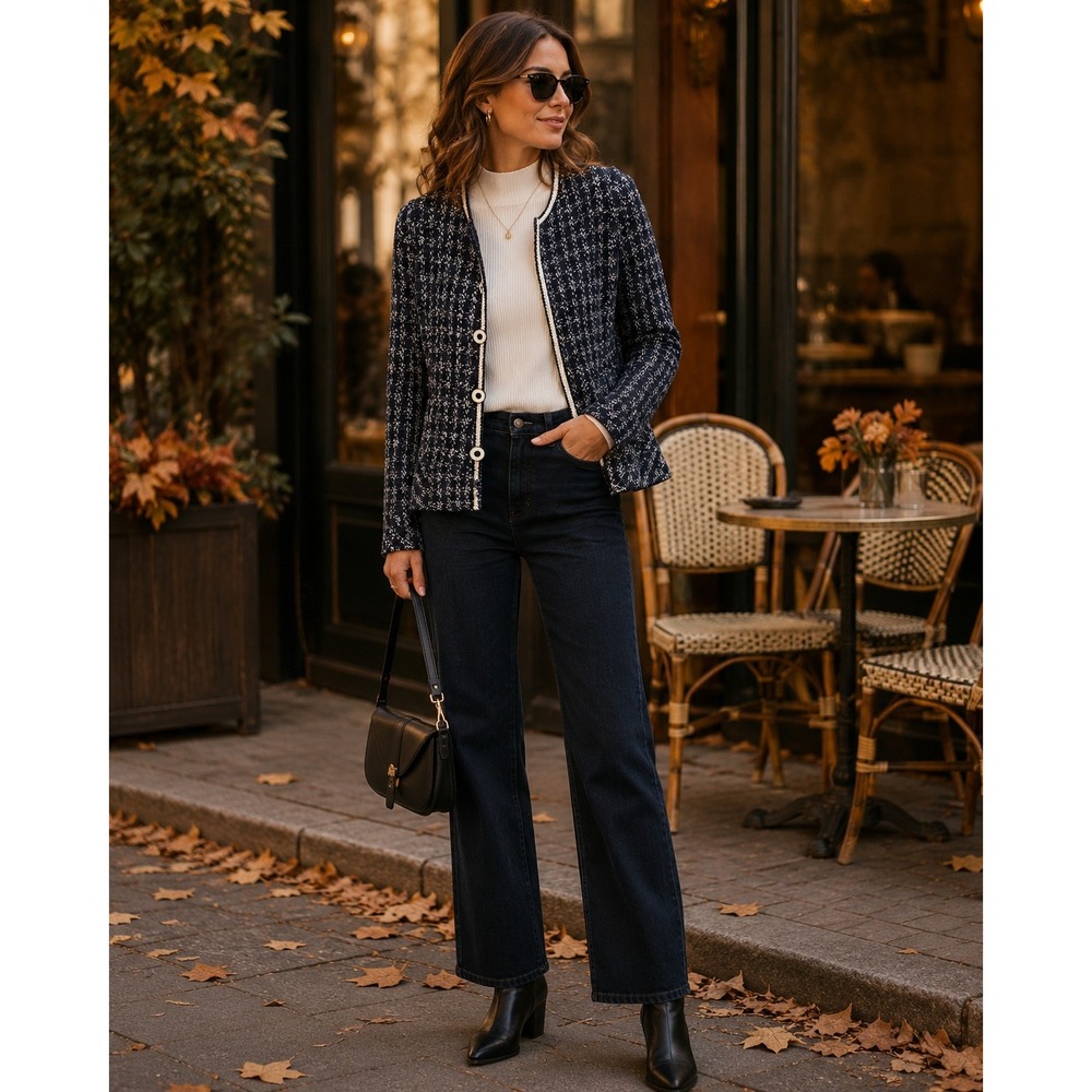 Women's Small Navy Ivory Tweed Knit Lady Jacket Peplum Blazer Cardigan Cropped